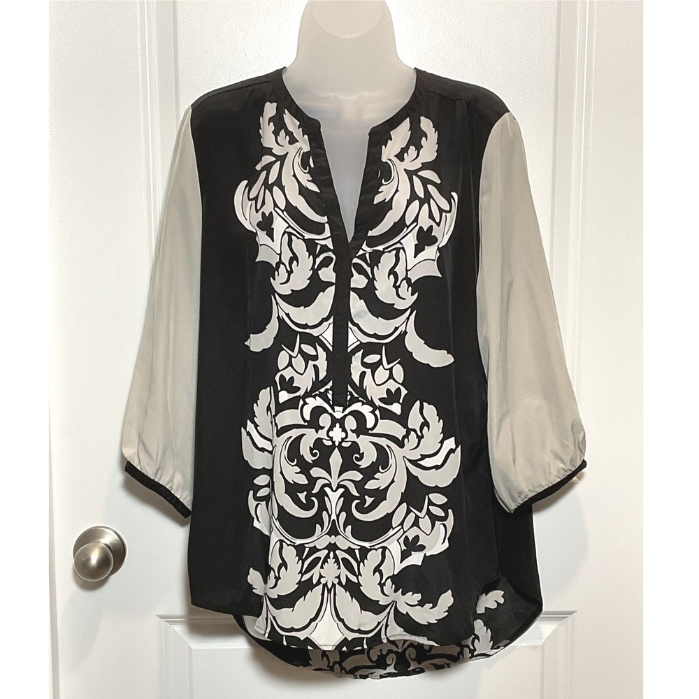 NEW YORK COMPANY NYC Black White Damask Blouse Tunic‎ Top Large Bold Art Shirt